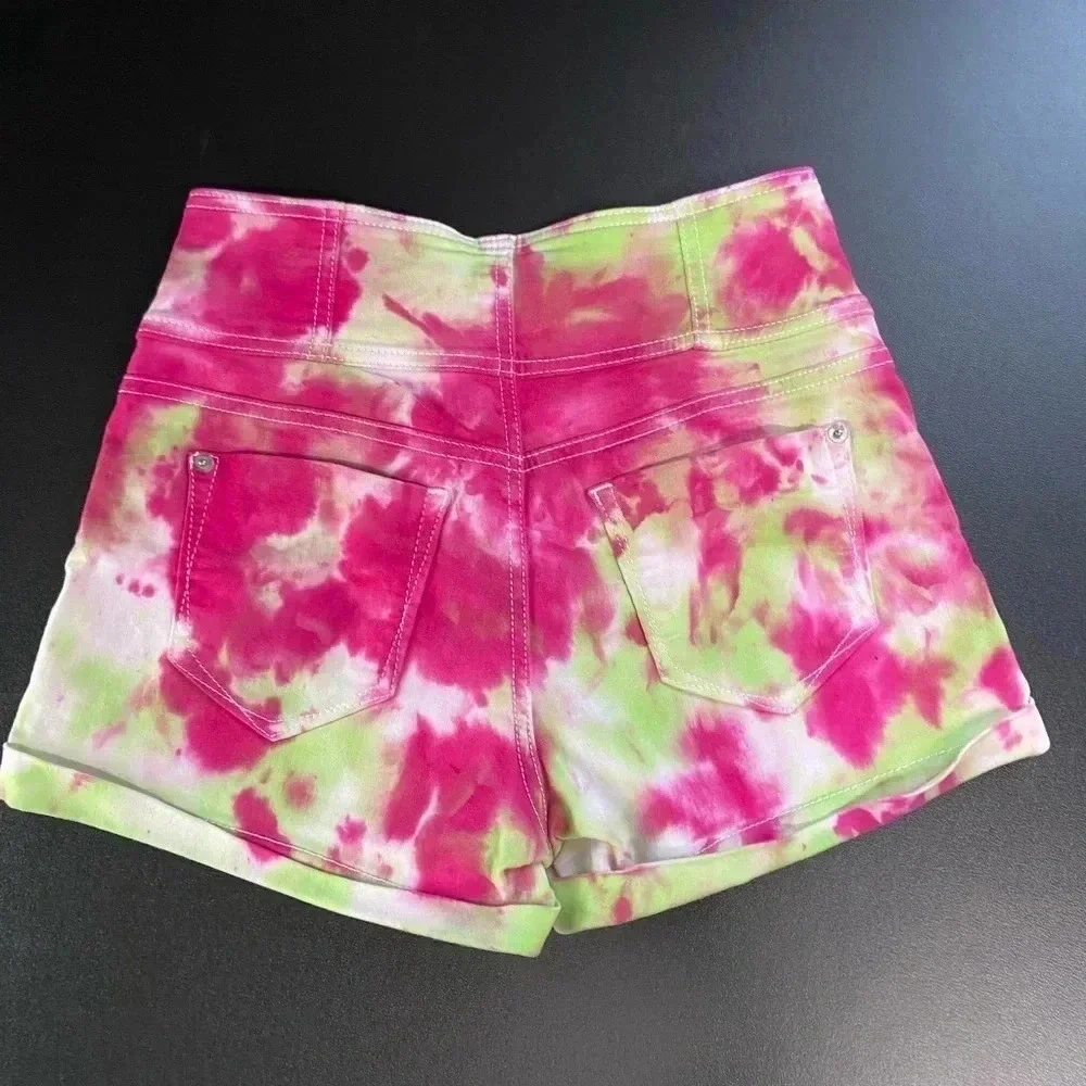 Upcycled Juniors Size 7  Tie Dye Shorts Pink Green Grunge Boho‎ Festival Skater